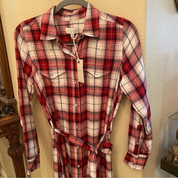 NWT~LUCKY BRAND Women Red Plaid Pearl Snap Button Tie Waist Western Dress-XS - Picture 2 of 9